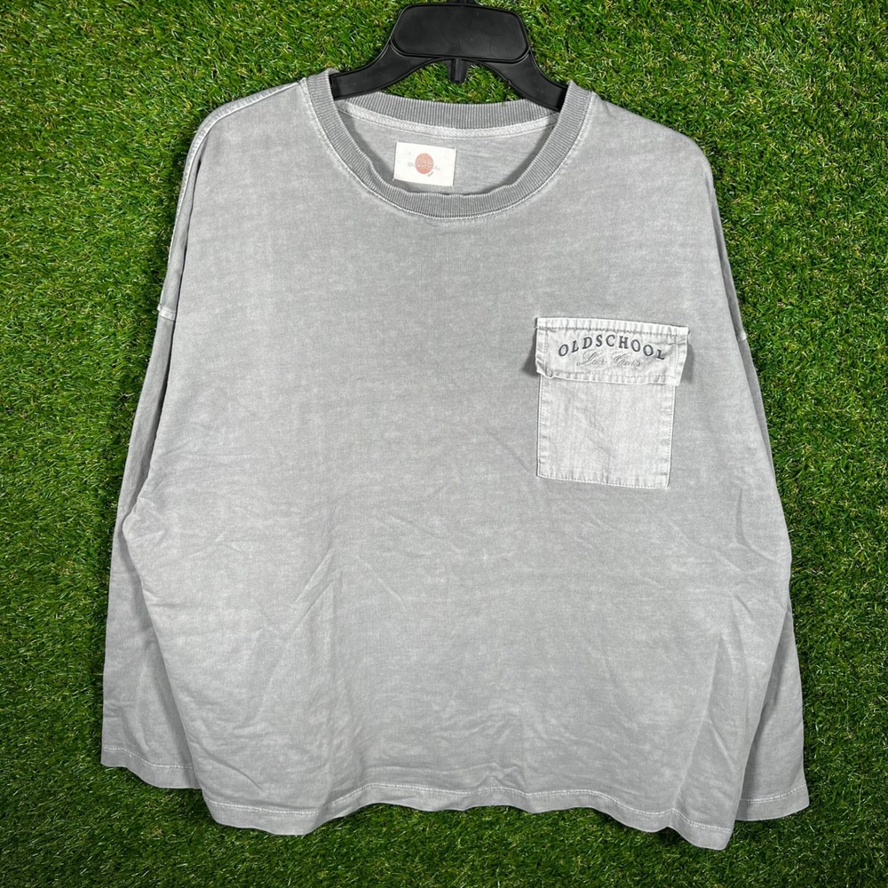 Old School Les Gars Grey Acid Wash Long Sleeve Graphic Pocket T-Shirt Mens XL